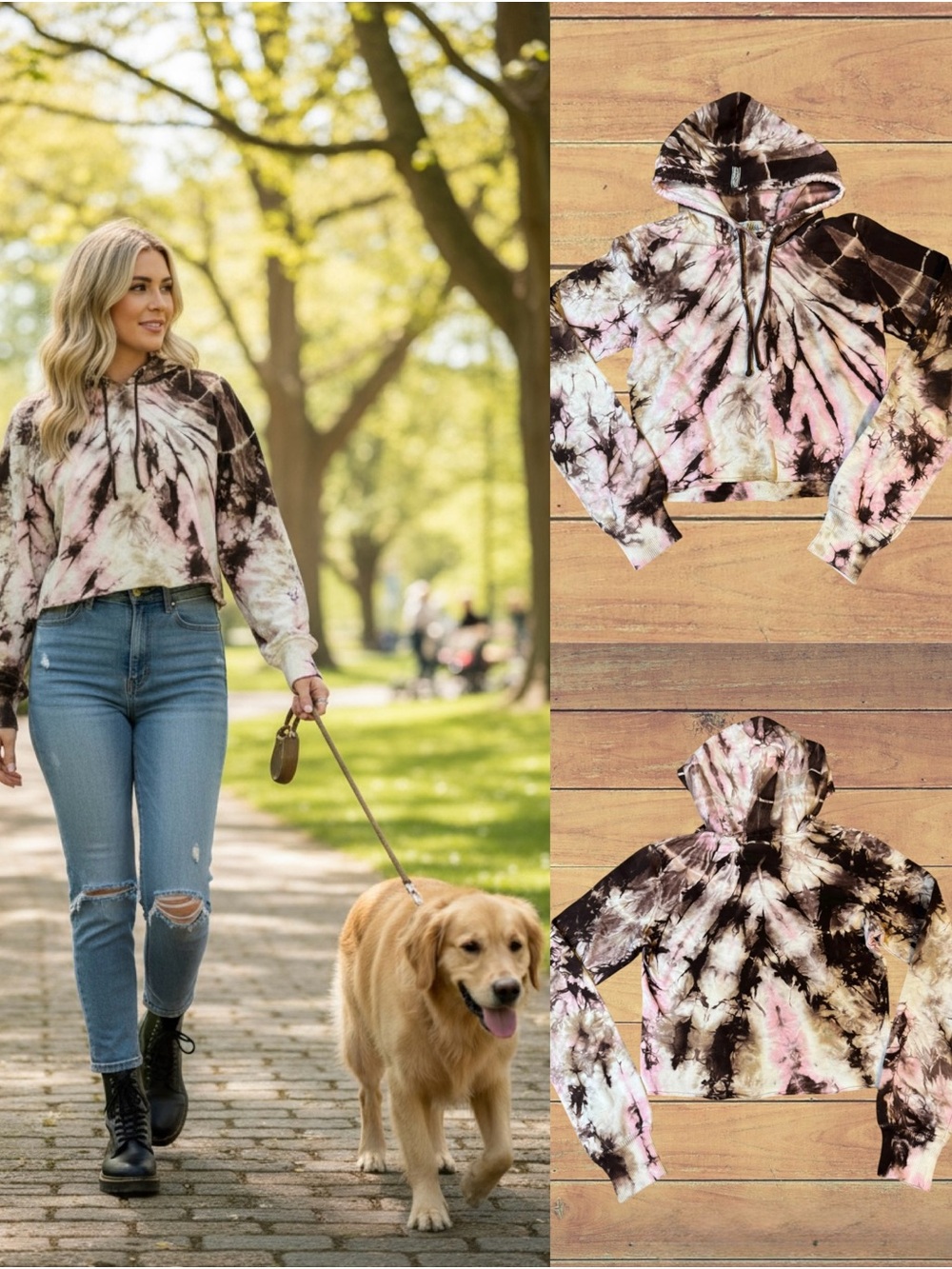 So Nikki Pink Brown Tie Dye Cropped Hoodie Sweatshirt Raw Hem Size Xtra Small
